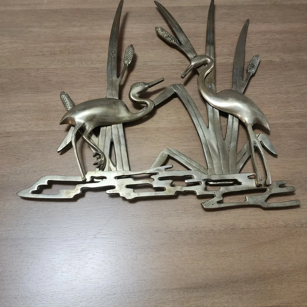 Brass MCM Crane Egret Heron In‎ Reeds Wall Hanging Decor Vintage Trending